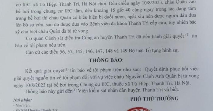 Phục hồi giải quyết vụ bé trai 10 tuổi đuối nước tại bể bơi ở Hà Nội